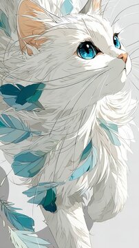 anime style close up shot of a white cat