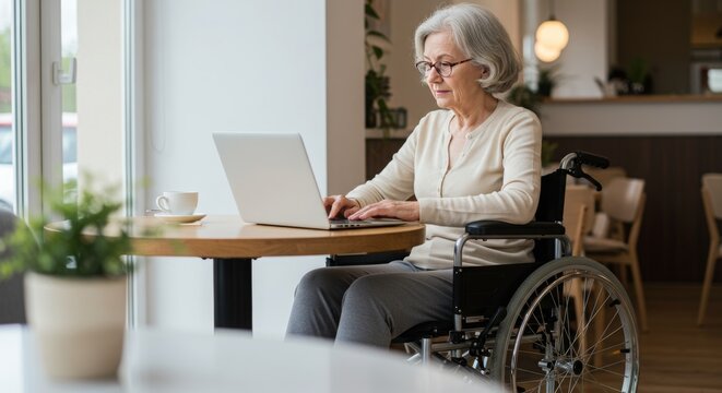 young woman in a wheelchair using a laptop in a cafe, bright atmosphere, older adults who are authentically active at home a little free space to write, bright white light background, beautiful and pr - Powered by Adobe