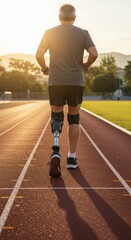 Fototapeta premium man with prosthetic legs jogging on the track, sunrise lighting, bright atmosphere, older adults who are authentically active at home a little free space to write, bright white light background, beaut