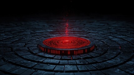 Red Circular Pattern on Dark Stone Surface with Light Beam