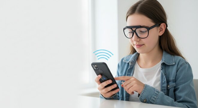 teenagers with visual impairment using smartphones with screen readers, little blank space for writing, bright white light background, beautiful and professional shooting composition
