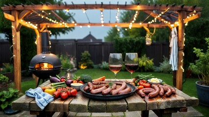 Grill in the Open Air: Barbecue under a wooden pergola in summer rain. Warm string lights, wine by ceramic kamado grill, smoke, raindrops, rustic table with grilled vegetables and sausages.