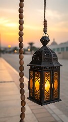 An ornate metal lantern glows with warm light, hanging from a beaded chain against a soft sunset sky backdrop.