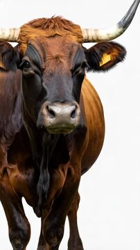 Majestic brown aubrac cow standing on white background, portrait of horned cattle with dark nose looking forward, farm animal