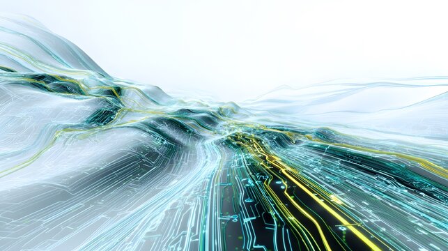 Abstract futuristic waveform 3D data flow aesthetic glowing circuit line depth mapping effect shown high quality top down view bright white background ideal tech startup graphic AI powered visuals 
