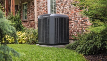 Modern air conditioning unit sits quietly beside a brick house, nestled amongst lush green landscaping.