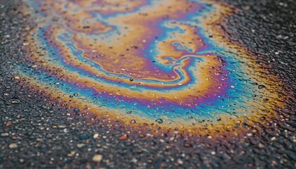 Obraz premium Gasoline stain on asphalt displaying colorful oil slick patterns 