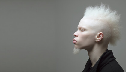 Side Profile Portrait of Albino Punk Man Against Neutral Grey Background