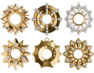 A captivating display of six diverse gold and silver ornate medallions, each sparkling with gems and pearls.