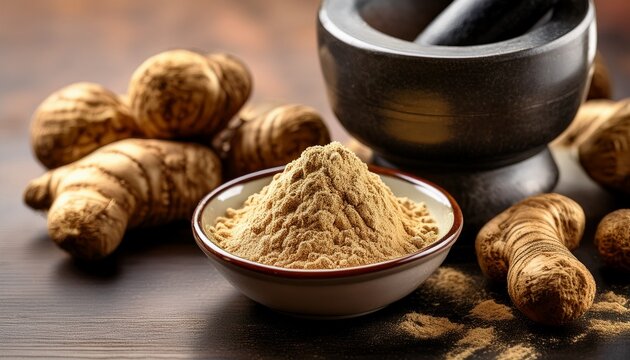 maca root powder in a small bowl with vibrant maca roots and a mortar and pestle in the background