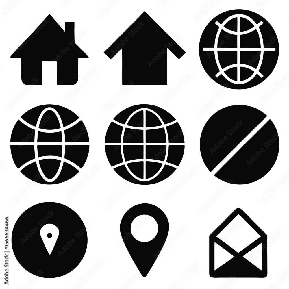 Poster globe earth world map vector icons set for global internet communication technology design