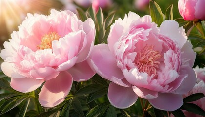 close up of soft pink peony flowers blooming with delicate petals and green leaves under gentle sunlight creating a serene and peaceful atmosphere