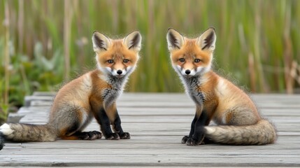 Naklejka premium Two red fox kits sit side-by-side on a gray wooden dock, facing forward, against a blurred background of tall green grasses