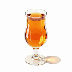 Glass of amber beverage on white background  