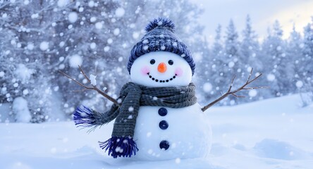 Snowman standing on snowy ground under a clear blue sky in winter season