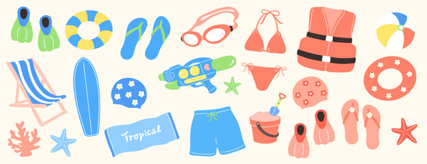 Flat Design Set of Beach Accessories for Summer Vacation

