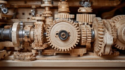 Machinery gears and belts working together inside a wood shaping machine