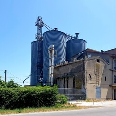 Modern silos for storing grain and cereals. Conveyor Belt.
