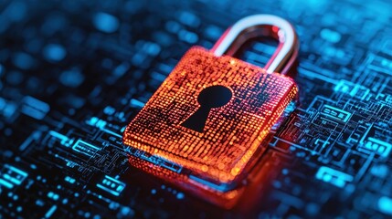 Bright Red Padlock Icon Over Digital Circuit Background