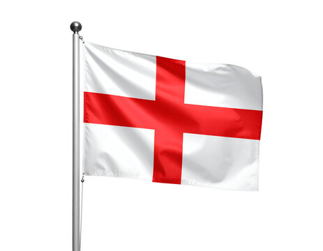 The vibrant red and white St George's Cross flag of England proudly waves on a silver flagpole.