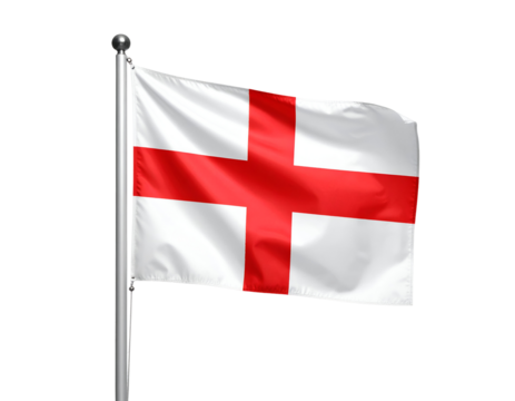 The vibrant red and white St George's Cross flag of England proudly waves on a silver flagpole.