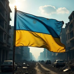  A tattered Ukrainian flag (blue and yellow) waving in the wind amidst a war-torn urban landscape. The flag is partially burned, with visible bullet holes, symbolizing resistance. The background shows
