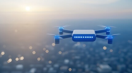 High-Tech Drone Flying Over City Landscape at Sunset