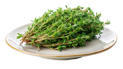Fresh bunch of garden thyme herb on a light grey plate isolated on transparent background