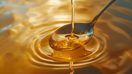 Honey cascading from a wooden spoon droplets frozen
