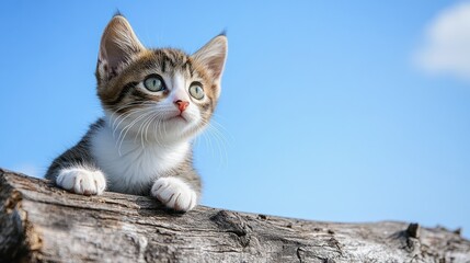 Obraz premium A tabby kitten rests on a log under a clear blue sky, looking inquisitively