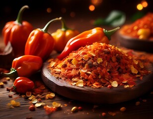 close up of habanero peppers and chili flakes on rustic wooden table generative ai
