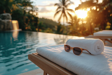 Rolled white towel and stylish sunglasses on a wooden sun lounger beside a serene infinity pool at sunset, surrounded by tropical palm trees. Relaxing vacation atmosphere, perfect for luxury travel