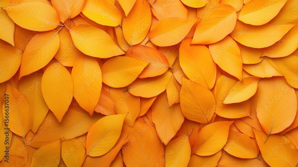 Poster close up view of overlapping yellow and orange autumn leaves creating a warm and colorful fall backd