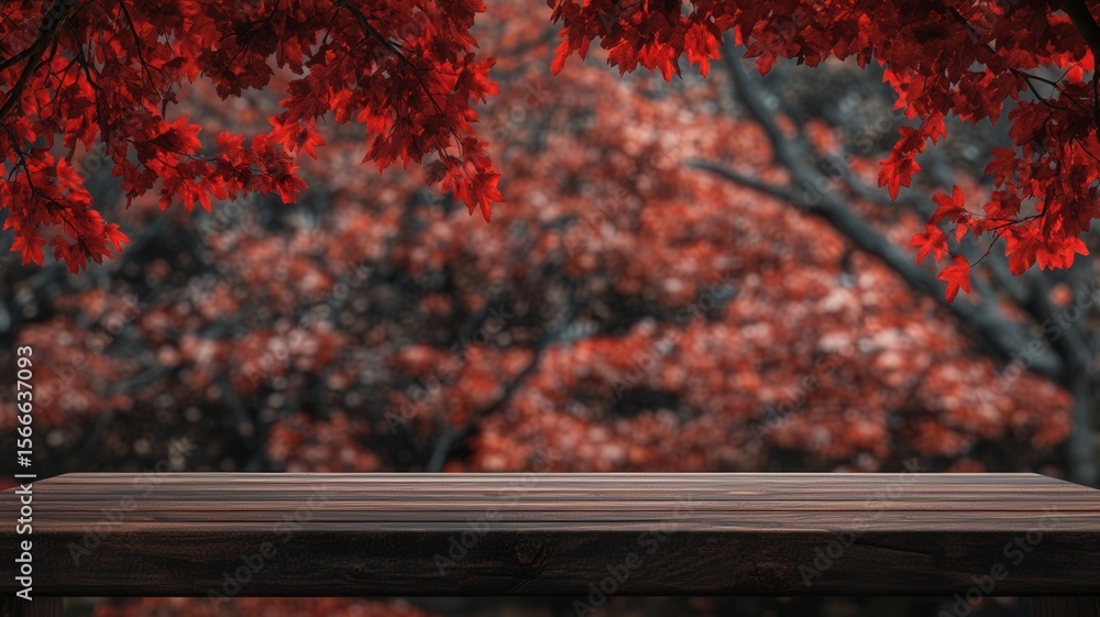 Poster empty dark wooden table with red maple leaves and blurred background, ideal for displaying products