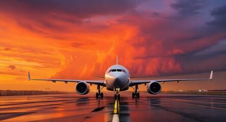 Airplane parked at airport runway during sunset flight and travel scene