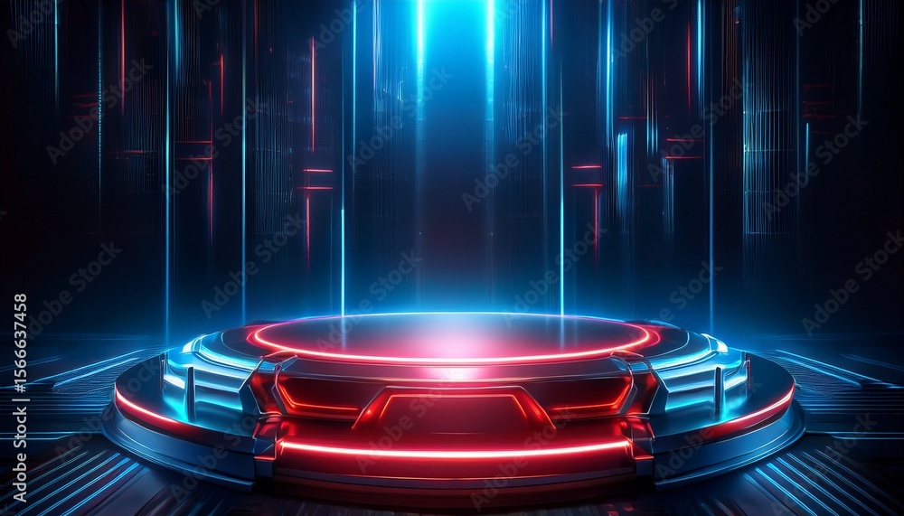 Poster modern abstract stage with blue and red neon light glow on dark display platform with futuristic tec