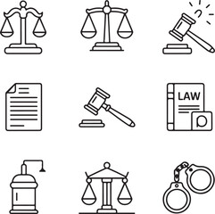 Fototapeta premium Court and Law Icons | Scales, Judge, Gavel, Handcuffs Vector Set