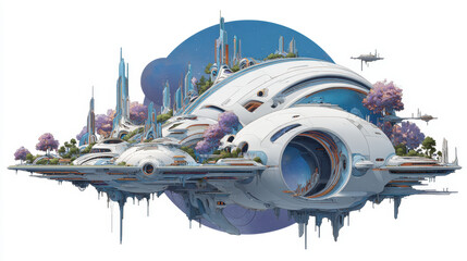 Futuristic Floating Island City A Digital Painting of a White and Blue Utopian Cityscape