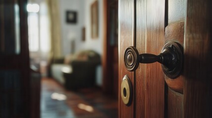 Obraz premium Close up of vintage door handle on opened wooden door, revealing blurred view of home interior, creating sense of welcome and nostalgia