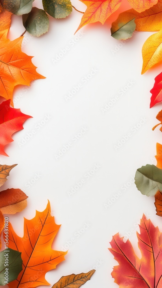 Poster vibrant autumn leaves border a white backdrop, creating a vertical space ideal for text or design el