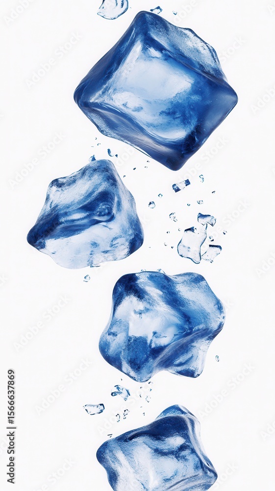 Aufkleber ice cubes falling against a bright white background, creating dynamic splashes and scattering refres