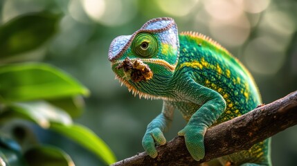 Fototapeta premium Vibrant chameleon grips branch, mouth full. Background is leafy and blurred green