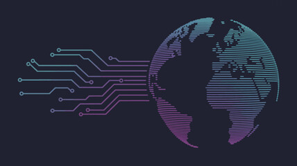 Abstract depiction of a globe connected to a circuit board on a dark background design style