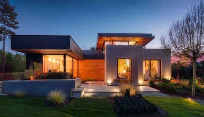 modern luxury house with illuminated windows at dusk featuring landscaped garden and contemporary architectural design with warm exterior lighting