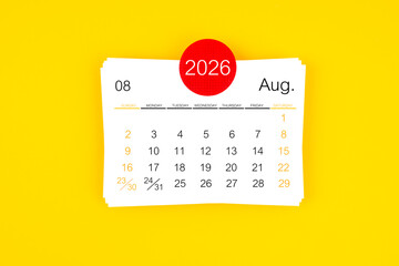 August 2026 card calendar on yellow color background.