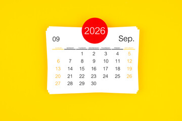 September 2026 card calendar on yellow color background.