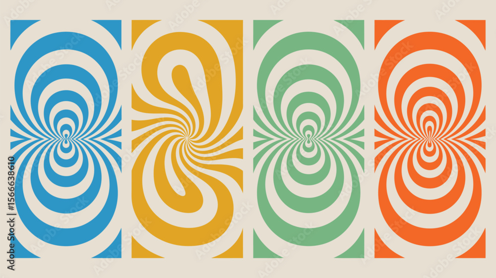 Poster four colorful panels with concentric circles and swirling patterns in a retro aesthetic style