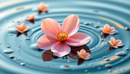 the image captures a tranquil scene of a flower floating on the surface of water. the water is light blue and rippled, with concentric circles emanating from the center