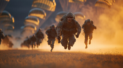 Obraz premium Paratroopers exiting transport vehicle with deployed chutes over field