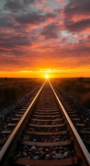Railway Tracks Stretching into the Sunset
